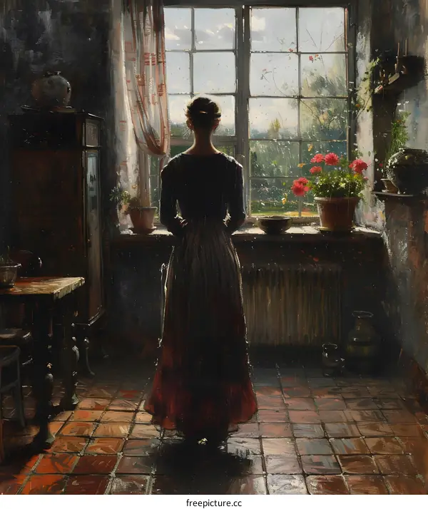 A woman standing in front of a window looking out at the rain