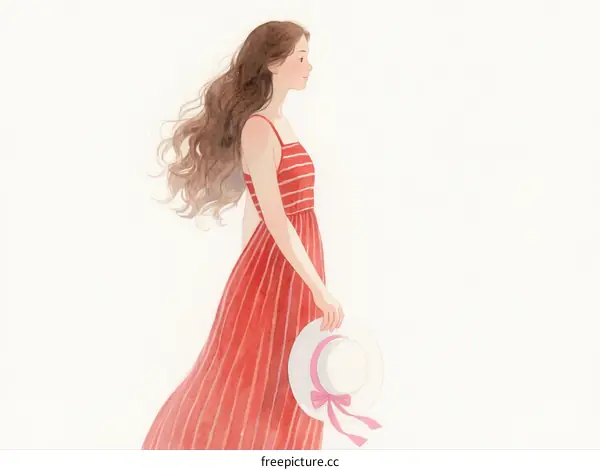 A Young Woman in Red Striped Dress Walking Outdoors