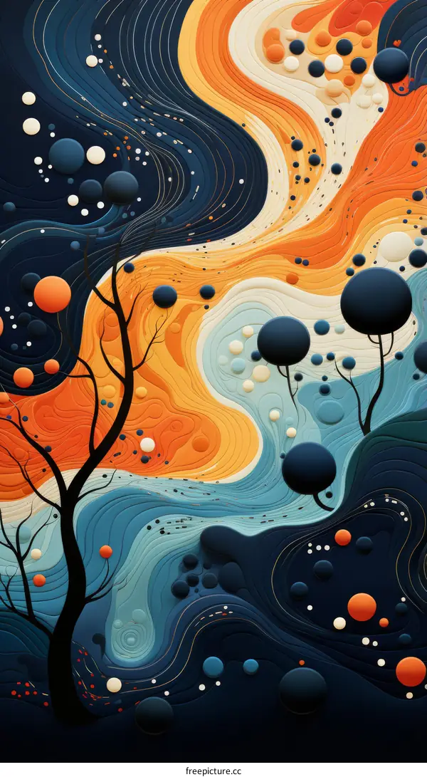 Colorful abstract landscape with blue and orange waves and trees