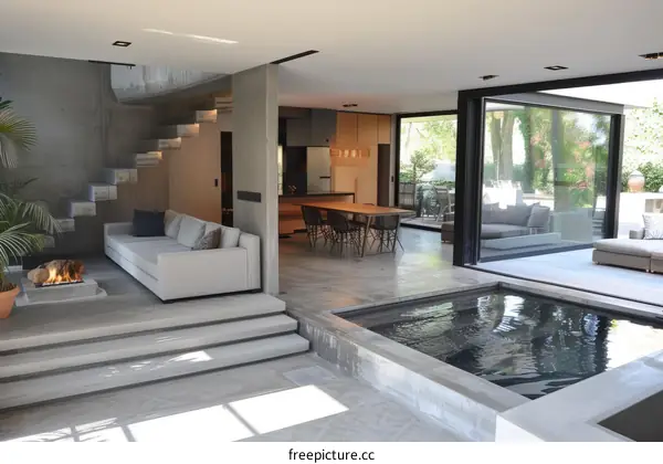 Modern Home Interior and Open Floor Plan with Pool