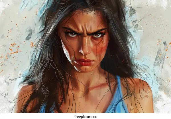 Portrait of a young woman with long dark hair and brown eyes, with a serious expression on her face