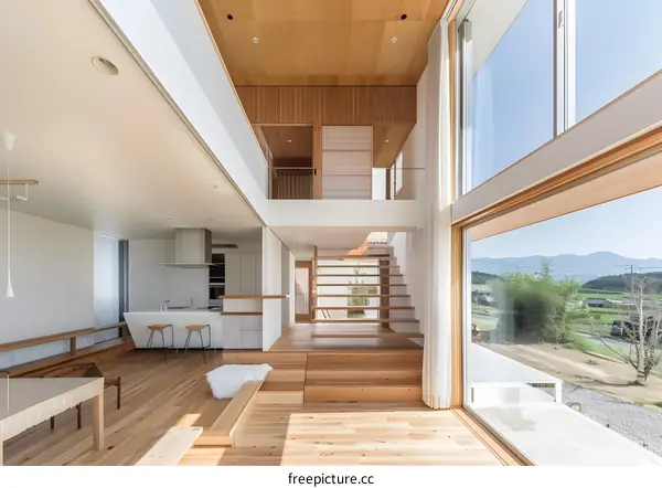 Modern Minimalist House Interior Design with Open Floor Plan and Wooden Staircase