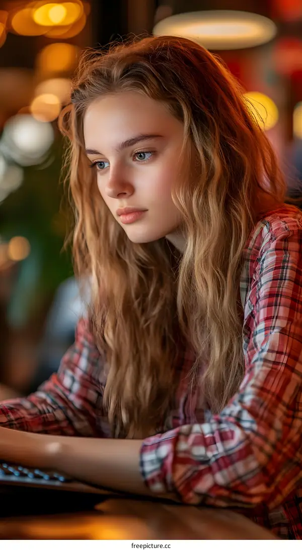 Young Woman Working on Laptop in Cafe