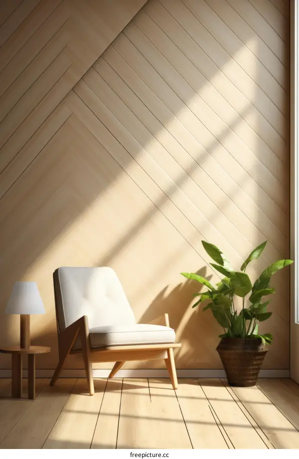 A wooden room with a chair and a plant
