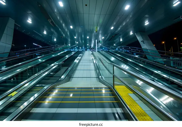 Modern Escalator Inside Building With Bright Lights