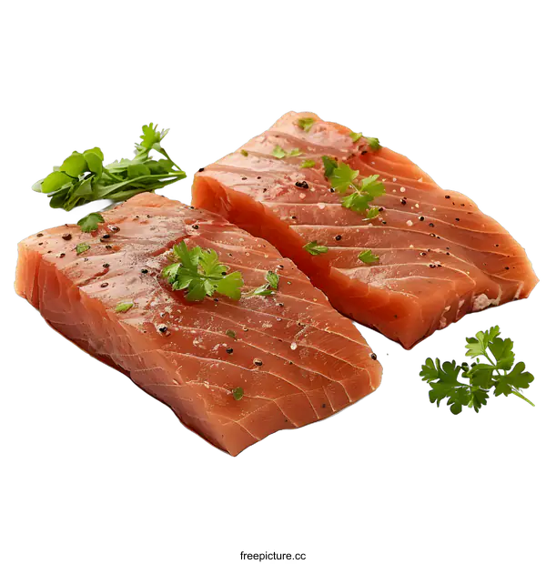 [Transparent Background PNG]Two pieces of raw salmon fillet with parsley