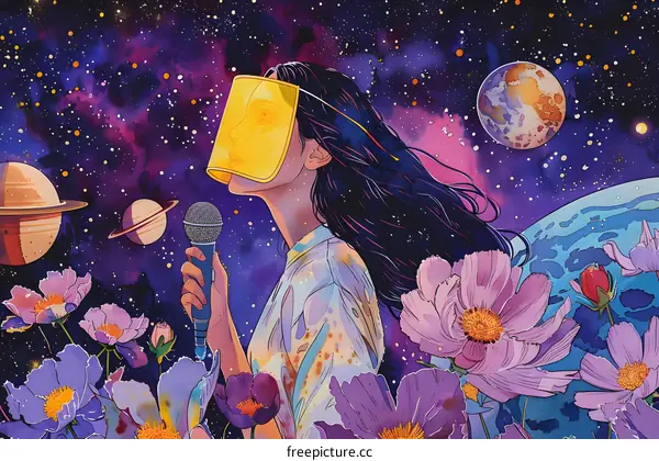 Woman Singing in Space with Flowers