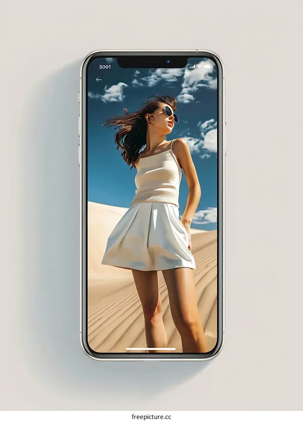 Woman in White Dress Posing in Desert on Phone Screen
