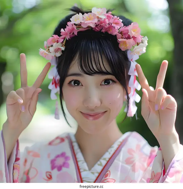 Smiling Asian Woman Wearing Traditional Japanese Kimono With Pink Cherry Blossom Wreath In Her Hair