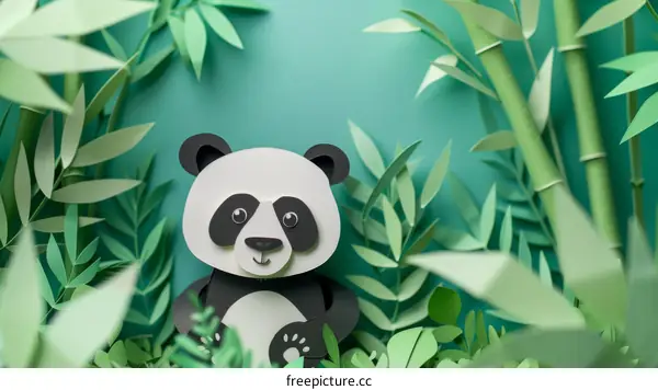 A cute cartoon panda sits in a bamboo forest