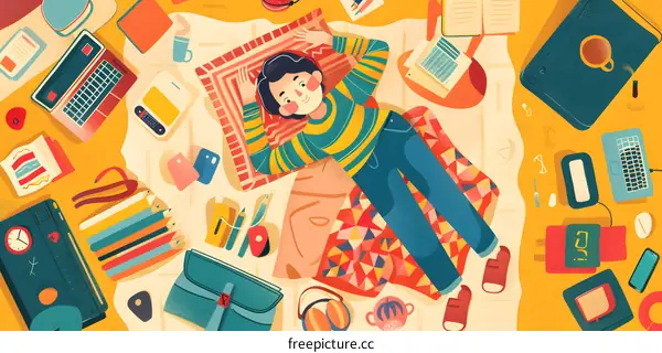 Man Relaxing On The Floor Surrounded By Gadgets