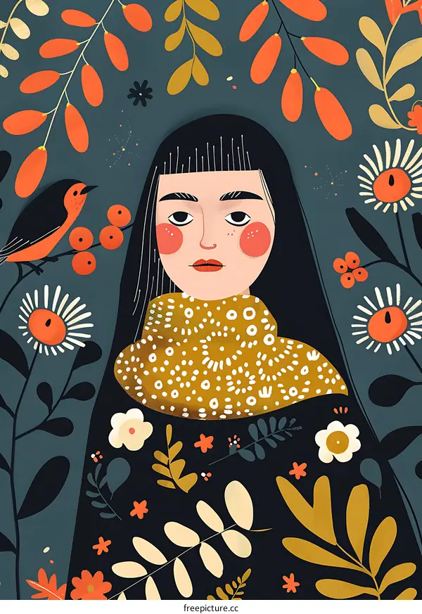 Woman with Flowers and Birds Illustration