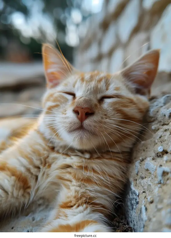 A ginger cat is sleeping on the ground