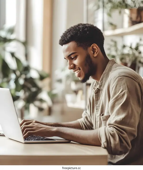 Smiling African American Man Working on Laptop in a Cafe