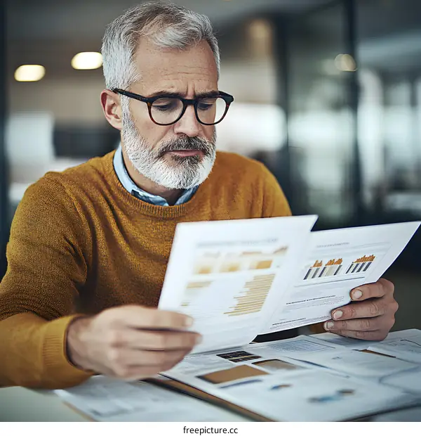 Businessman reviewing financial documents with graphs