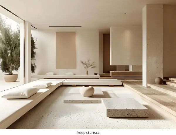Minimalist Living Room with Beige and Brown Tones and a Concrete Column
