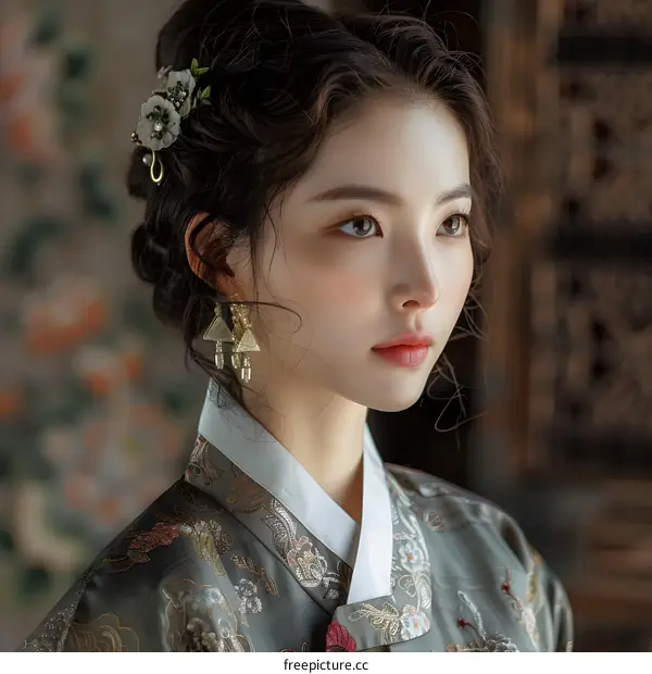 A Korean woman wearing a traditional Korean dress