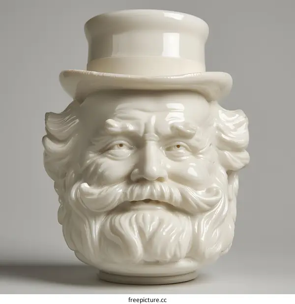 A ceramic head of a man with a top hat and a beard
