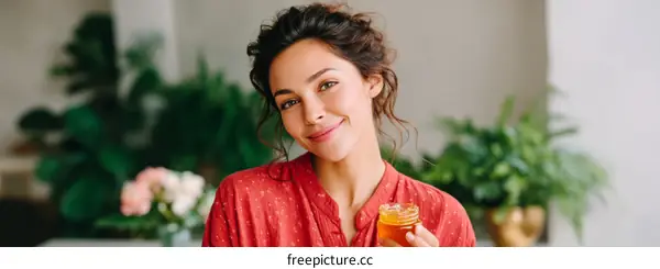 Smiling Woman Holding Honey Jar Indoor Shot