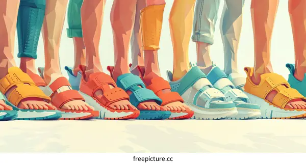 A group of people wearing different styles of sandals