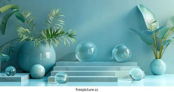 Teal Geometric Display with Plants and Spheres