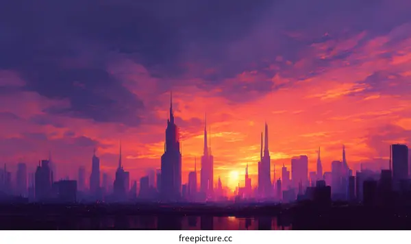 Futuristic City Sunset Skyline Illustration