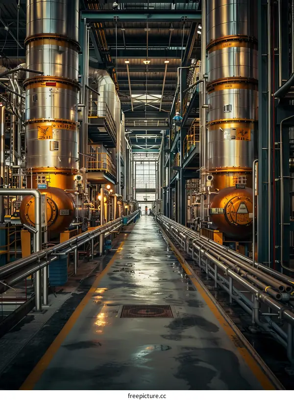 A long and empty industrial corridor with pipes and catwalks