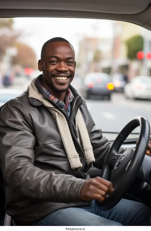 Smiling African American man driving a car