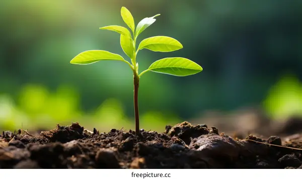 Close up image of a young green plant growing out of the soil with a blurred background