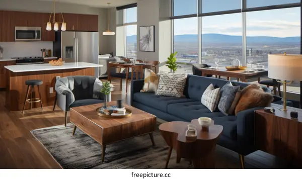 Modern apartment living room with city view