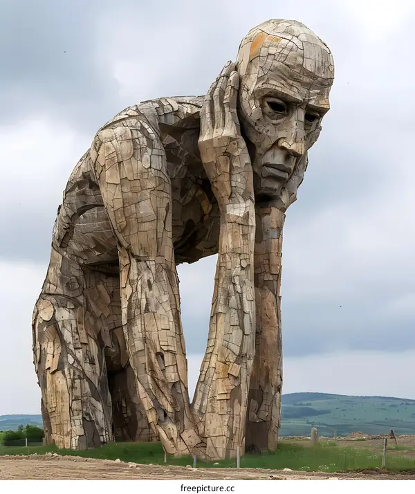 Wooden Sculpture of a Man in a Field