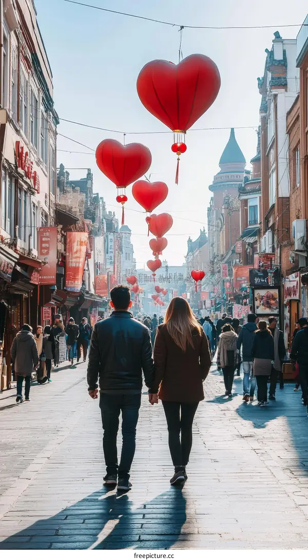 Couple Walking Down a Festive Chinese Street