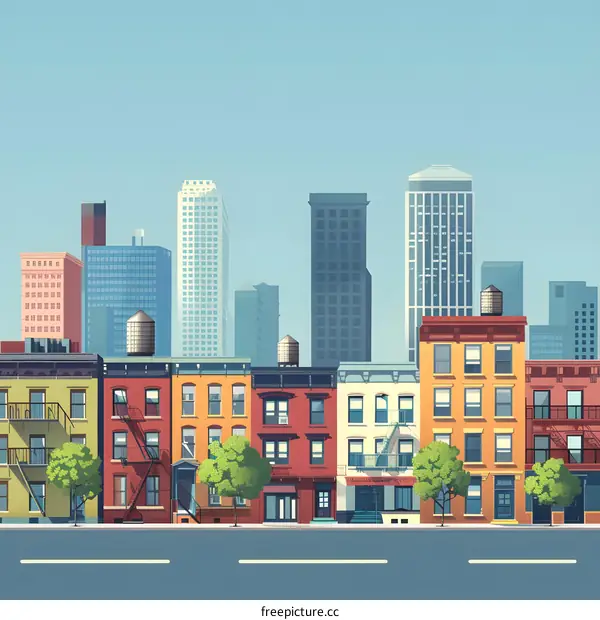 Cityscape with Skyscrapers and Colorful Buildings Illustration