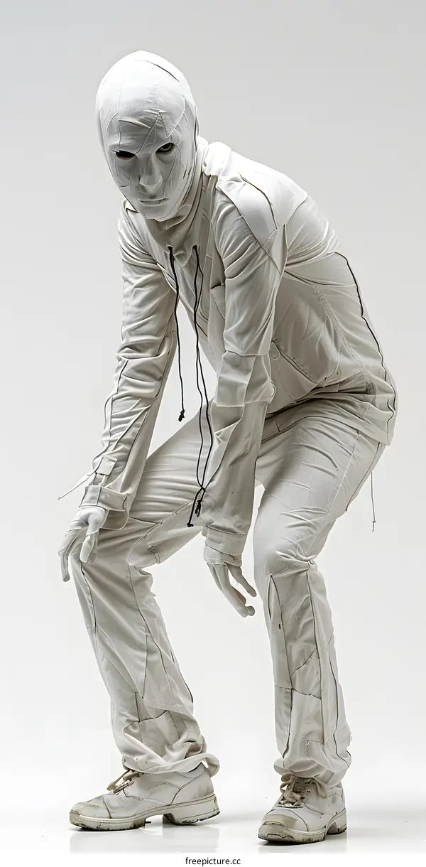 A man wearing a white cloth mask and white clothes is posing in a strange posture