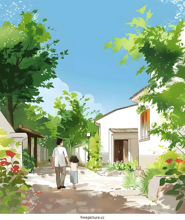 Father and Daughter Walking Through a Green Village