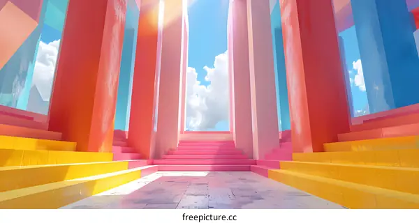 Pink and yellow geometric structure with blue sky