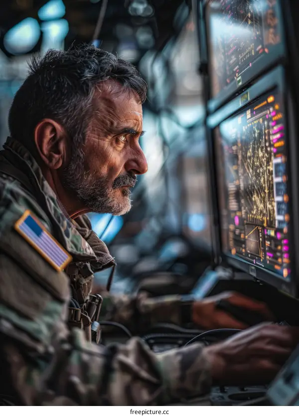 A soldier is monitoring multiple computer screens.