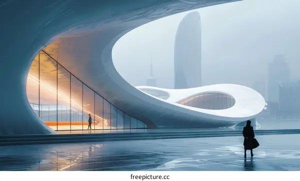 Futuristic Architecture with two people on a Wet Day