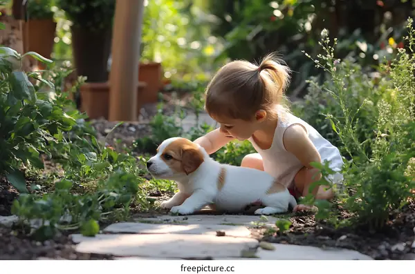 Little Girl and Puppy Playing in the Garden