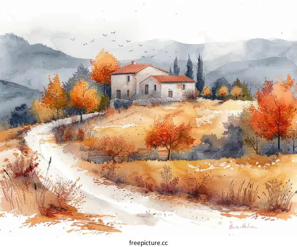 Watercolor Painting of a Countryside Landscape with a House and Autumn Trees