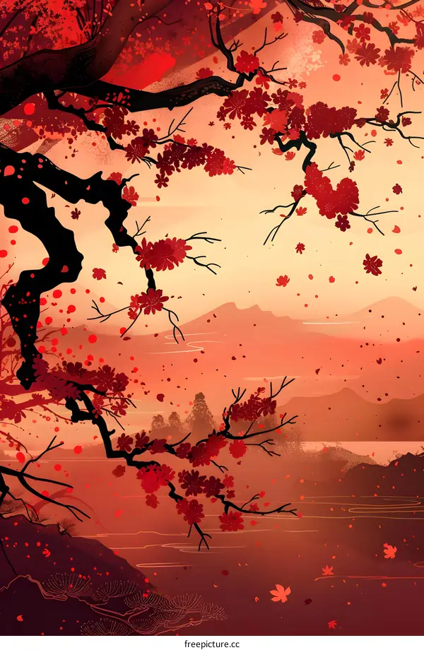 Red Cherry Blossoms Japanese Mountain Landscape Illustration
