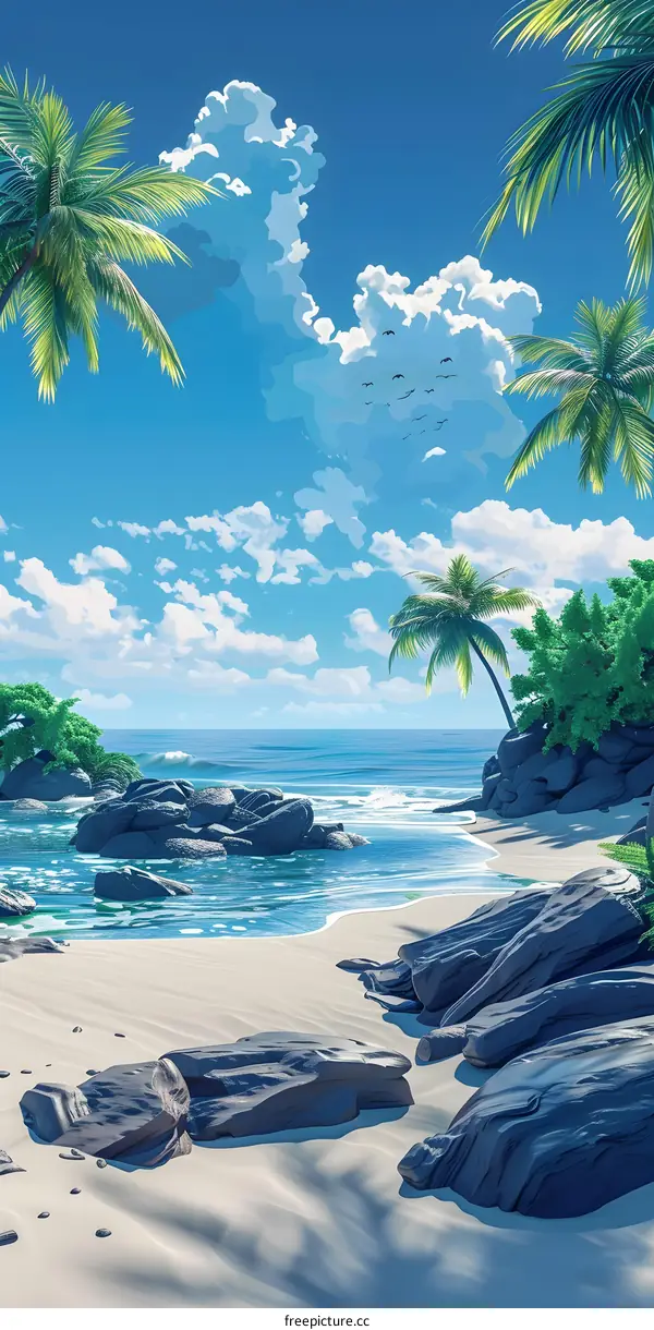 rocks and palm trees on a beach with the ocean in the background