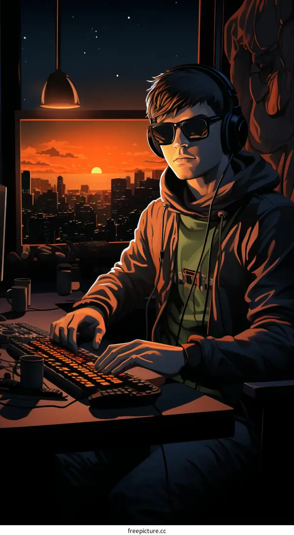 Young Male Gamer at Computer Desk Wearing Headphones and Sunglasses