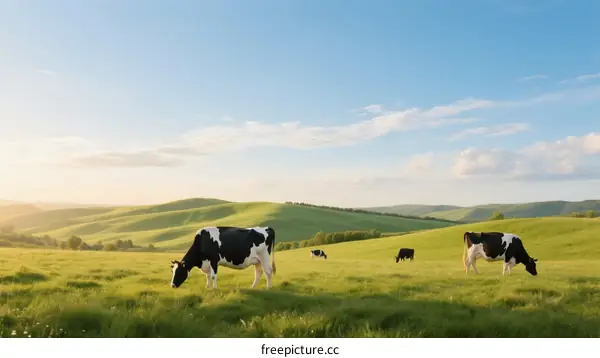 Cows grazing on green grassland under blue sky with sunlight