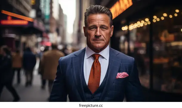 A man in a suit standing in a city street