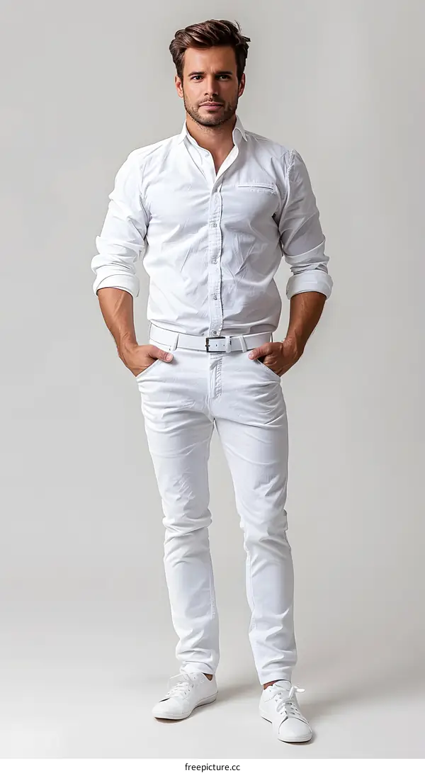 Handsome man model in white clothes posing in studio