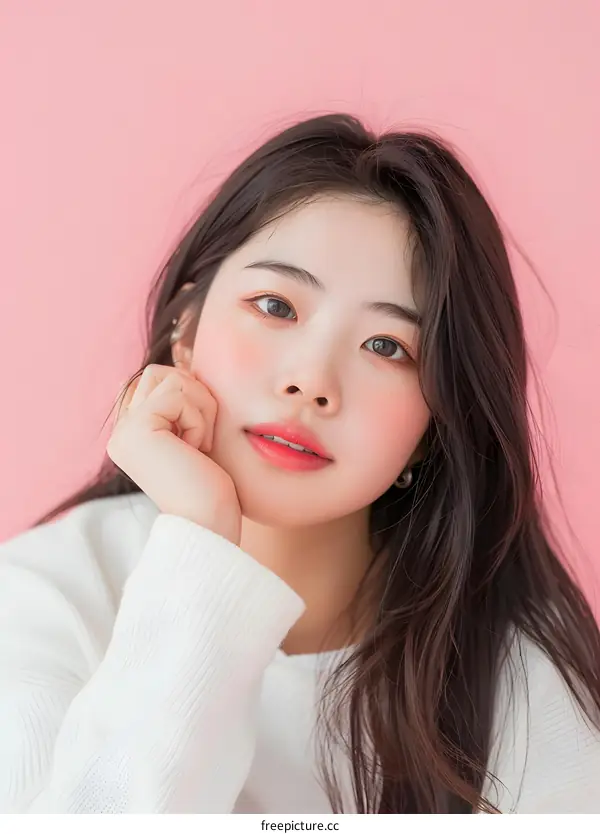 Beautiful Asian Woman with Long Hair in a White Sweater