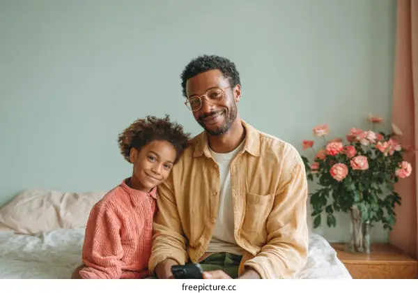 Father and Daughter Sitting on Bed
