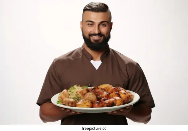 Middle Eastern man holding a plate of food