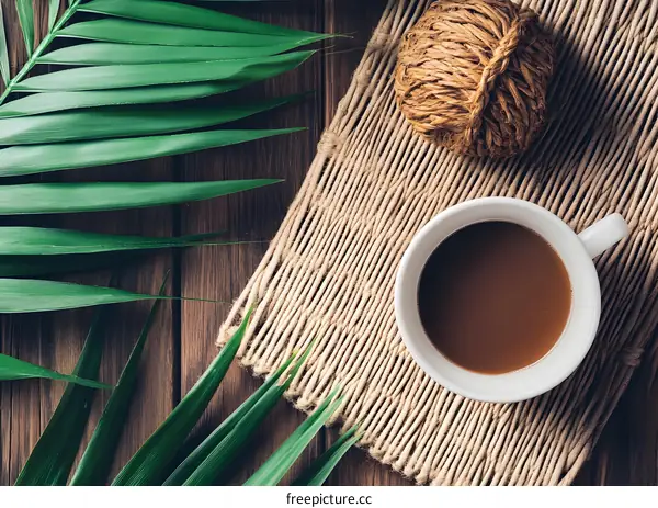 Top View of Cup of Coffee with Palm Leaves on Wooden Background